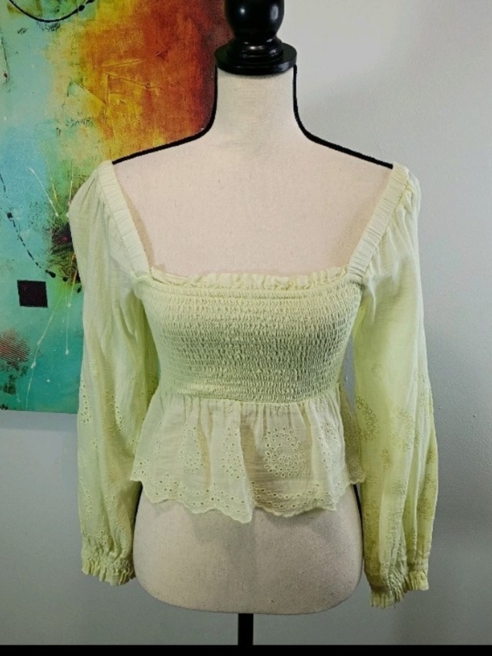 American Eagle Smocked Square-Neck  Eyelet Peplum Cropped Boho Top- Small